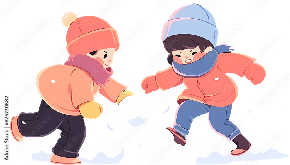 Children sculpting a snowman, cartoon comics style Children sculpting a snowman, cartoon comics style