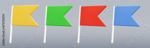 Multicolored flags 3D render illustration. Yellow flag, green flag, red flag, blue flag illustration.