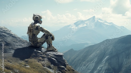 Vintage Robot Contemplating Horizon from Cliff Overlooking Sea and Clouds