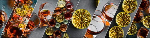 Collage. Different types of strong alcoholic beverages in glasses. On a black stone background. photo