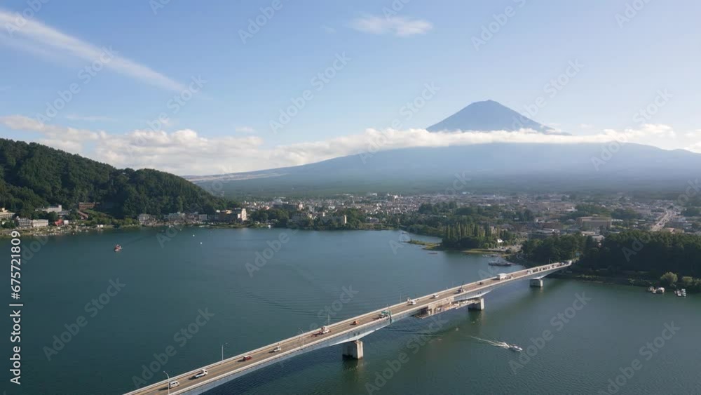 Stunning scenery at Mount Fuji in summer with lake, aerial drone shot Stunning scenery at Mount Fuji in summer with lake, aerial drone shot