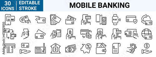 set of 30 line web icons Online, Mobile banking. Piggy Bank, Cash, Credit Cards, Money Bag, Currency Exchange, Coins and Paper Bills and others. Editable stroke.