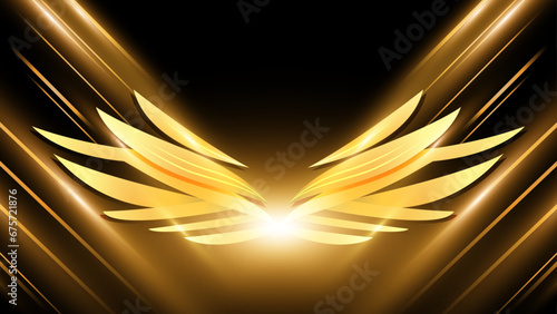 Abstract golden wings on black background, Gorgeous fantasy golden angle wings isolated