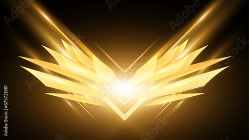 Abstract golden wings on black background, Gorgeous fantasy golden angle wings isolated