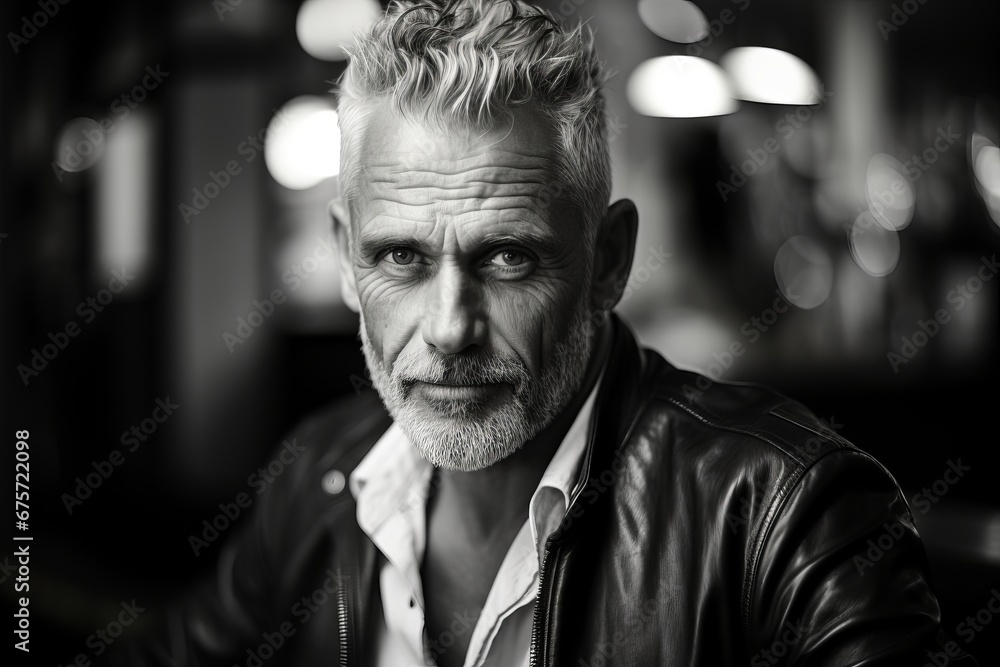 Portrait of a handsome mature man in a leather jacket. Men's beauty, fashion. Portrait of a handsome mature man in a leather jacket. Men's beauty, fashion.