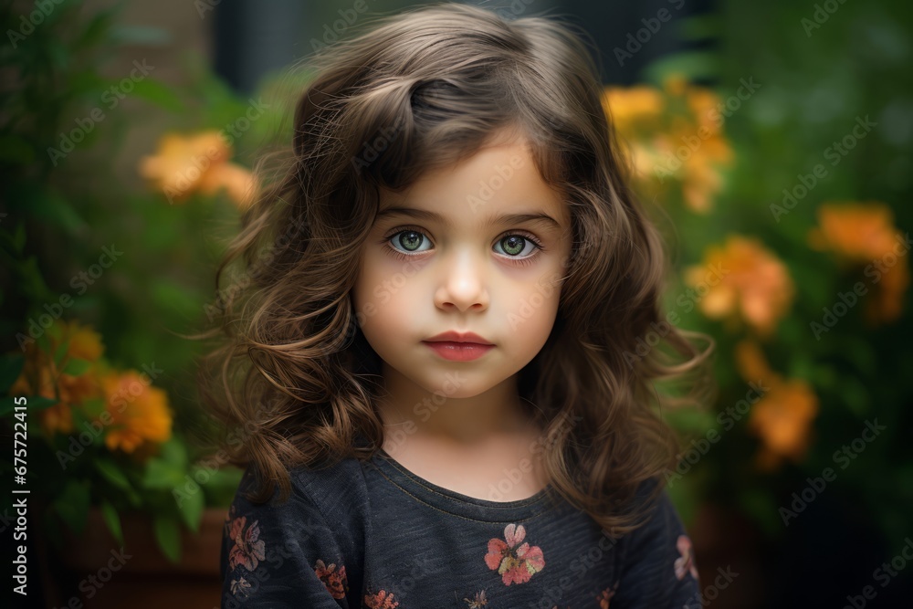 Portrait of a beautiful little girl with long curly hair and bright makeup. Portrait of a beautiful little girl with long curly hair and bright makeup.