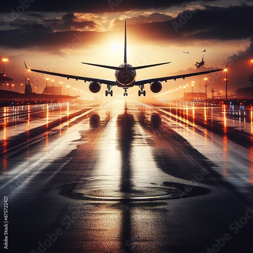 Aircraft civil landing on airport aeronautic industry concept