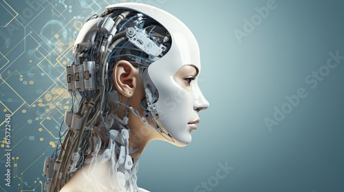 Futuristic Artificial Intelligence Robot Head Against Circuit Board Background