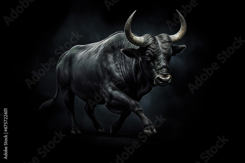 Massive black bull on black background  photorealistic ai illustration