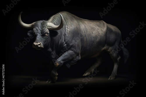 Massive black bull on black background, photorealistic ai illustration