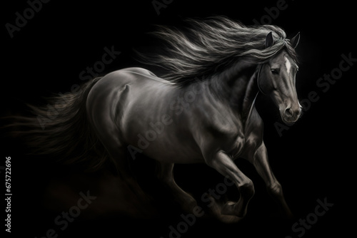 Gorgeous horse with long flowing mane on the run, stunning illustration, dark background © Cheport