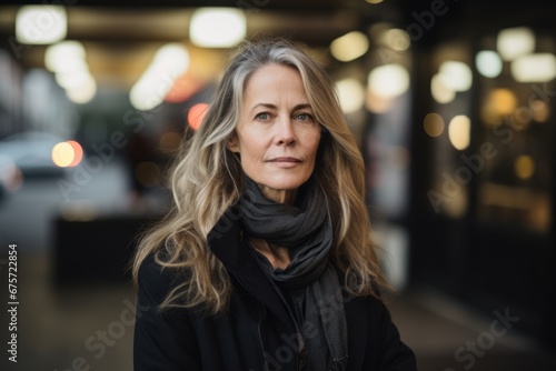 Portrait of mature woman in black coat and scarf on city street