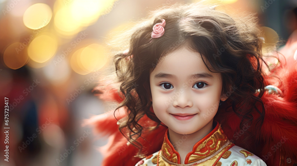 Chinese girl in Chinese costume in front of a Chinese lion in the Chinese new year Chinese girl in Chinese costume in front of a Chinese lion in the Chinese new year