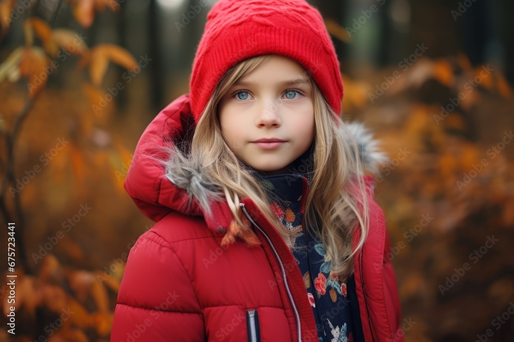 Portrait of a beautiful little girl in a red hat and coat in the autumn forest. Portrait of a beautiful little girl in a red hat and coat in the autumn forest.