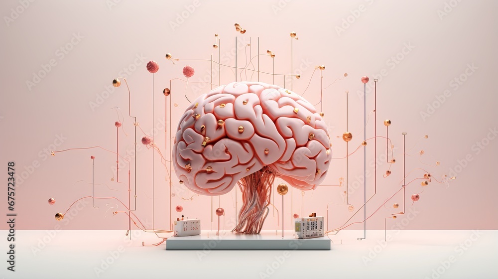 Futuristic Concept of a Pink Brain Connected to Copper Wires and Flowers on a White Pedestal - obrazy, fototapety, plakaty 