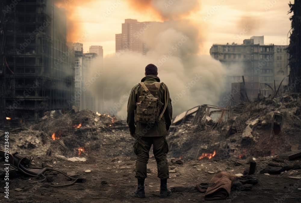 Obraz premium man looks at the rubble in the city