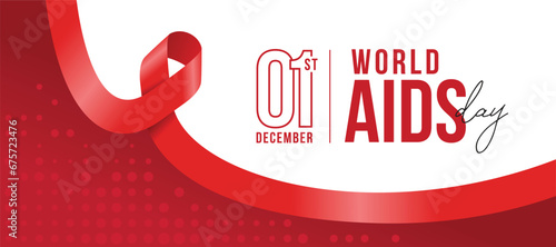 world aids day - text on half white and red background with red ribbon sign vector design