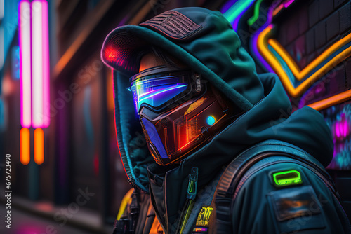 mans portrait,photo quality shot of a futuristic neon lit style cyberpunk street , generated by Ai