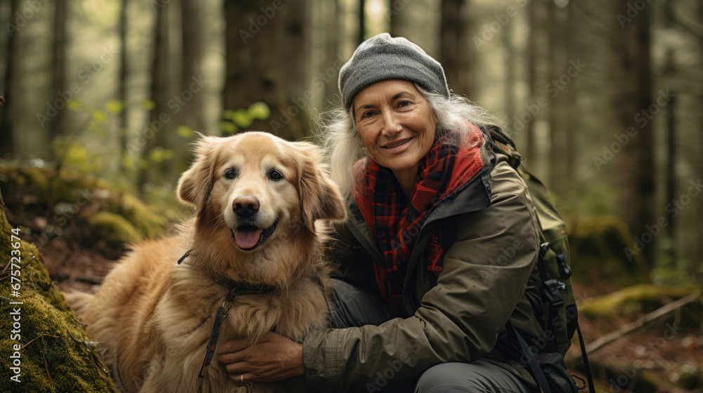 Senior woman with her old dog have rest in deep forest. Senior woman with her old dog have rest in deep forest.