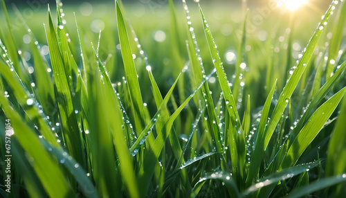 stunning wide-format photo of lush green grass in the early morning of spring or summer, generative AI