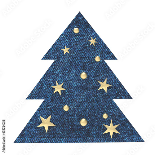Denim Christmas tree with gold balls and stars