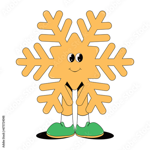 Christmas Snowflake in trendy groovy retro cartoon style. Comic characters in trendy 70s cartoon style.Happy New year and Merry Christmas characters.70s Vibes groovy character.Funny retro christmas