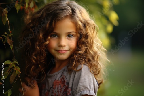 Portrait of a beautiful little girl with curly hair in the park