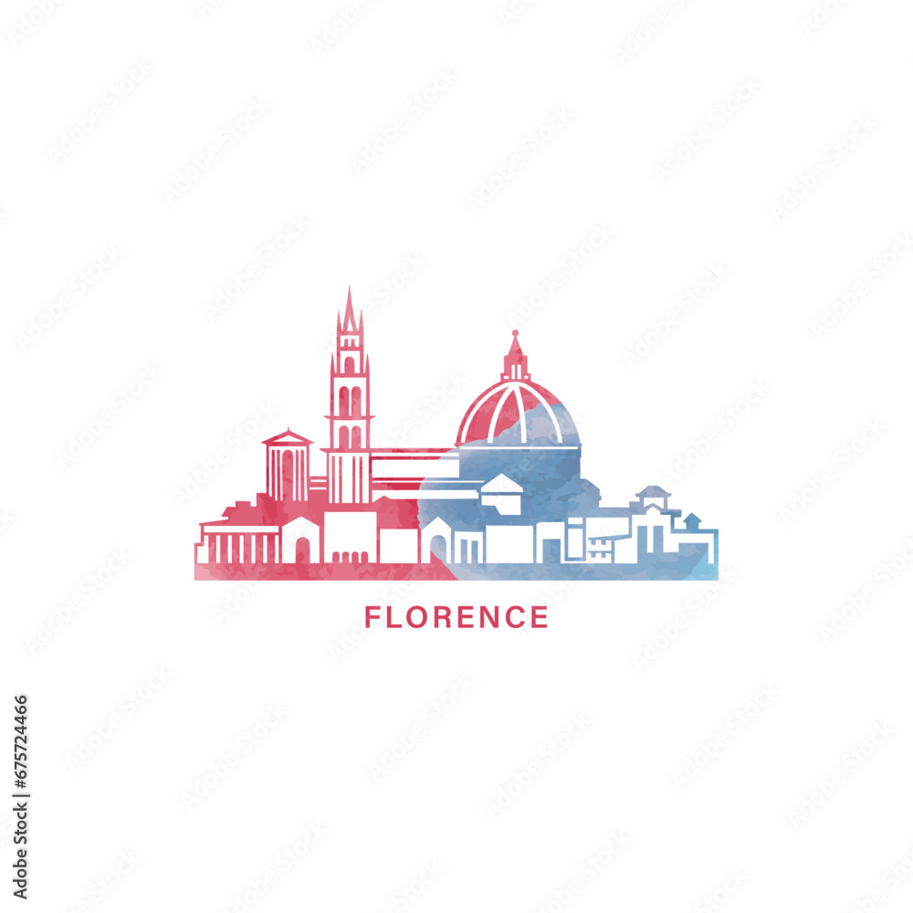 Fototapeta premium Florence watercolor cityscape skyline city panorama vector flat modern logo, icon. Italy Tuscany town emblem concept with landmarks and building silhouettes. Isolated graphic