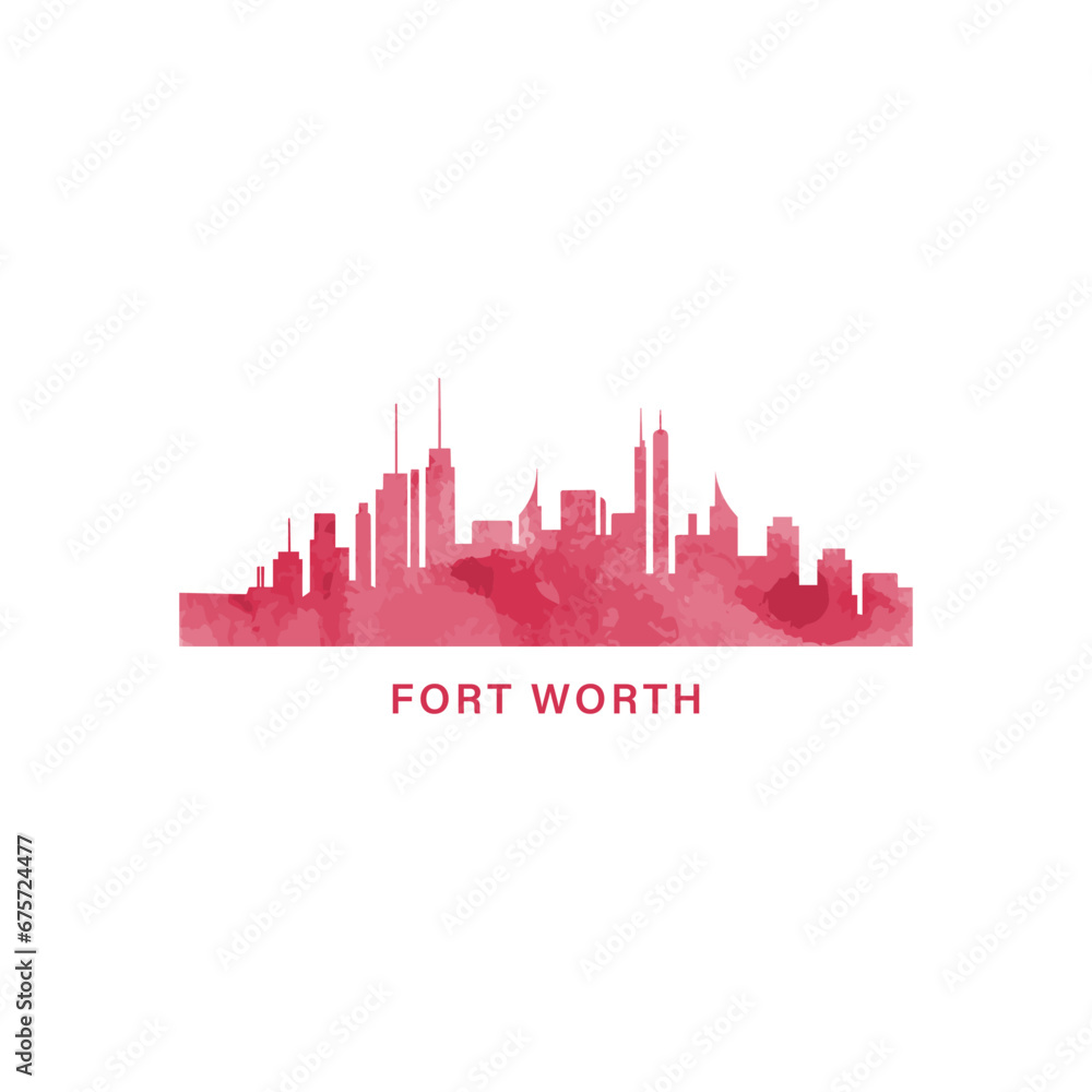 Fort Worth city US watercolor cityscape skyline panorama vector flat modern logo icon. USA, Texas state of America emblem with landmarks and building silhouettes. Isolated red and blue graphic
