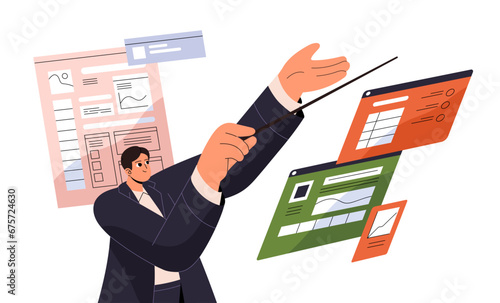 SEO up web content in search results. Manager, conductor works with advertisement, promotion of social media. Marketing in online business. Flat isolated vector illustration on white background