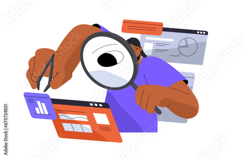 Analyst researches website, measuring kpi, metrics, data concept. Explorer make UX exploration. Researcher with magnifier create diagram. Online business. Flat isolated vector illustration on white