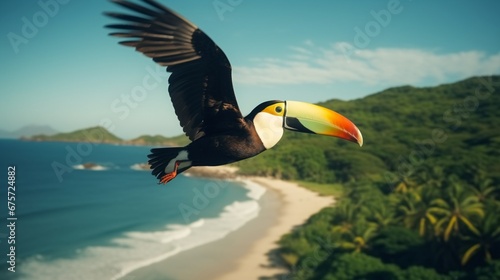 Beautiful toucan flying over a beach, Generative AI