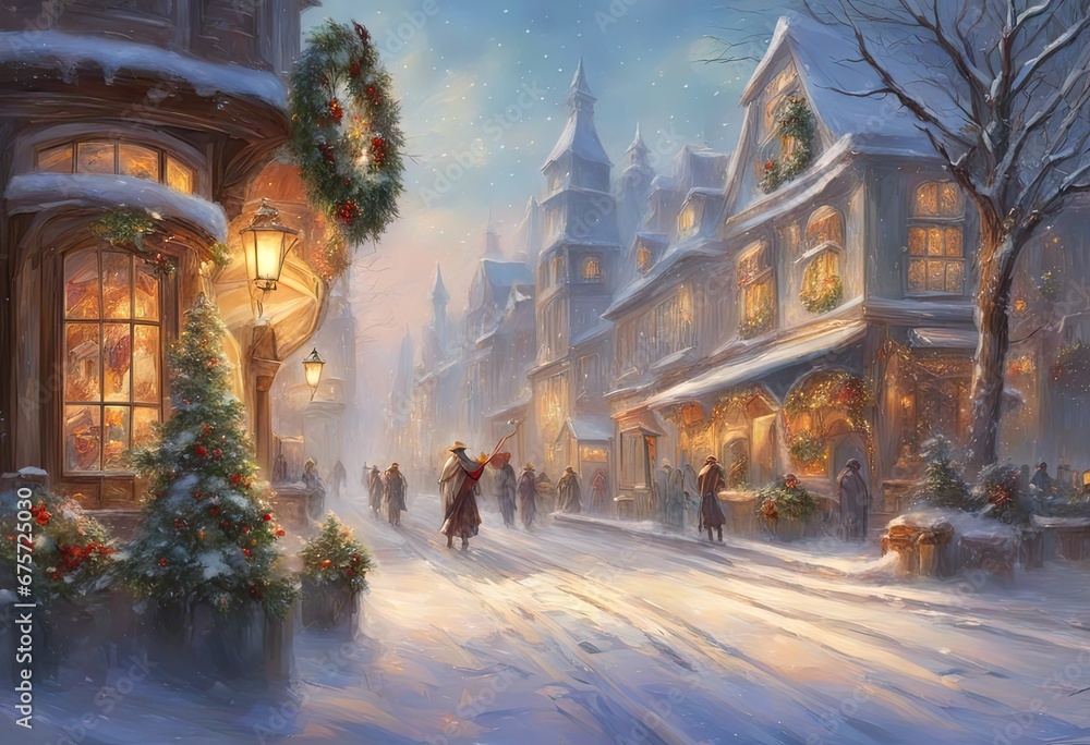 Snow-covered street, Christmas holiday wreaths, lamppost ribbons, shoppers bustling, joyous atmosphere, clear winter day, crisp sunlight, postcard effect Snow-covered street, Christmas holiday wreaths, lamppost ribbons, shoppers bustling, joyous atmosphere, clear winter day, crisp sunlight, postcard effect