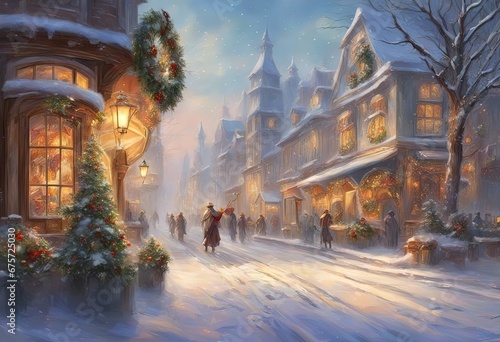 Snow-covered street, Christmas holiday wreaths, lamppost ribbons, shoppers bustling, joyous atmosphere, clear winter day, crisp sunlight, postcard effect