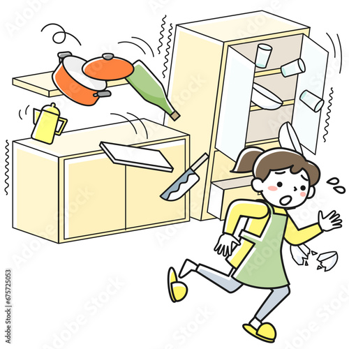 地震が起きて物が落下し危険な状態の台所から逃げる女性