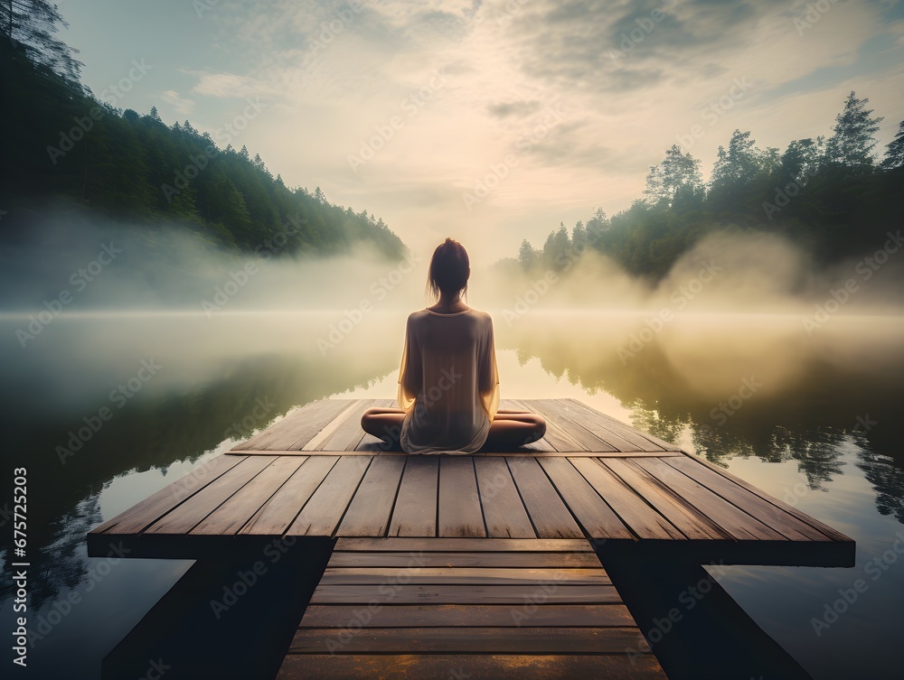 Young woman meditating on a wooden pier on the edge of a lake. Generative AI