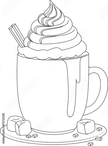 Coloring page a steaming mug of hot cocoa with marshmallows.