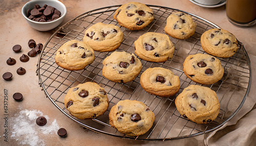 Freshly baked chocolate chip cookies on a rack to cool