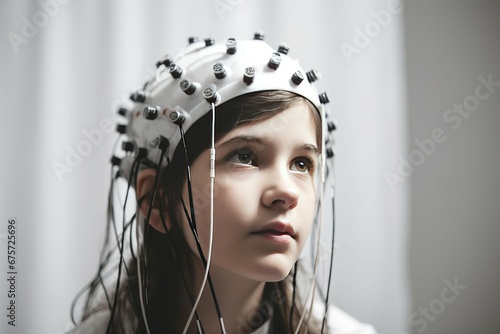Girl neurofeedback eeg test. Nurse child person health illness. Generate Ai