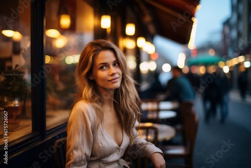 Portrait of a beautiful young woman sitting in a cafe at night