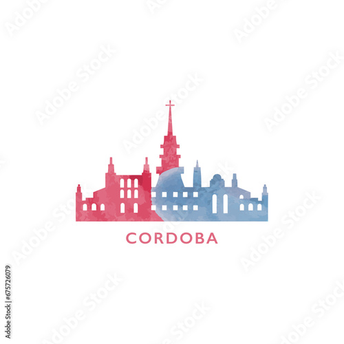 Cordoba watercolor cityscape skyline city panorama vector flat modern logo, icon. Argentina megapolis emblem concept with landmarks and building silhouettes. Isolated graphic