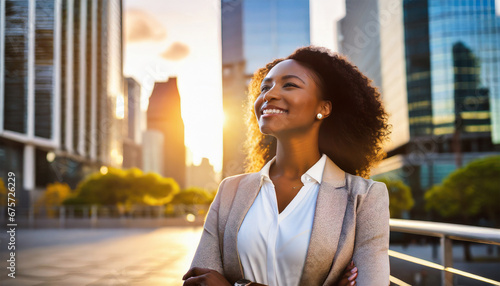 Ambitious Black Businesswoman Standing in Skyscraper City at Sunset, Dreaming of New Investment Opportunities photo