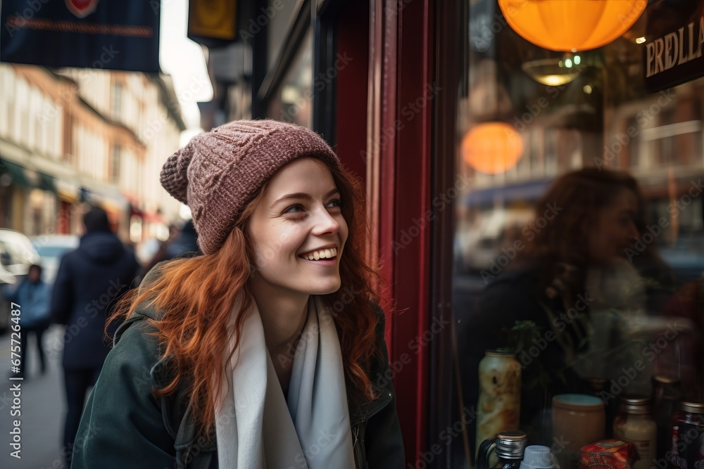 Portrait of a beautiful young woman with long red hair, wearing a hat and coat, standing in front of a cafe on the street. Portrait of a beautiful young woman with long red hair, wearing a hat and coat, standing in front of a cafe on the street.