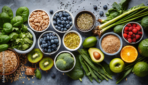 Healthy food selection on gray concrete background