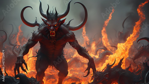 hellish creature: a demonic or devilish figure in hell, generative AI. © 4K_Heaven