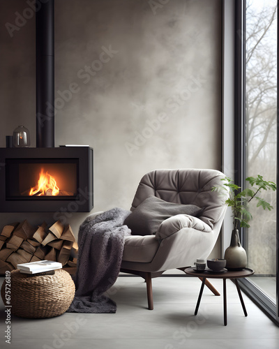 Grey chair by fireplace against window. Scandinavian home interior design of modern living room. Generative AI photo