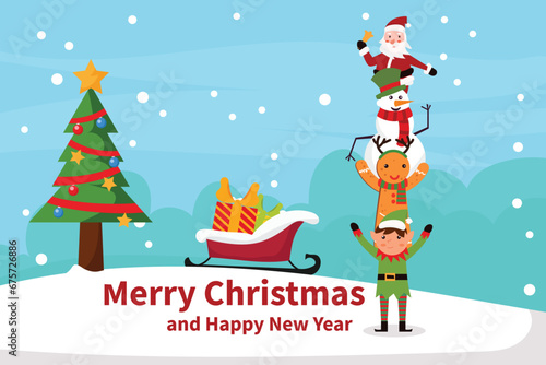 Winter christmas tree with santa claus and team  illustration design element for invitation card, party, new year's,