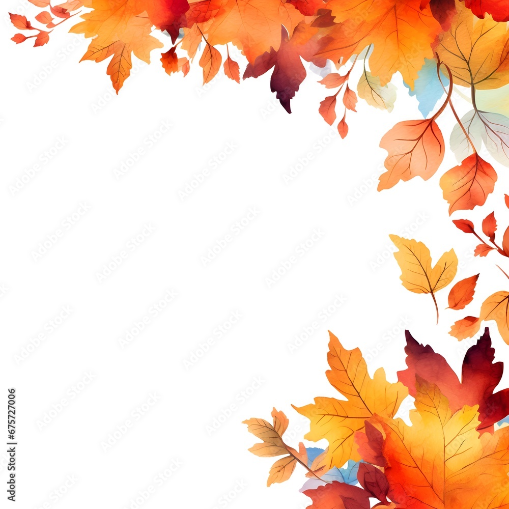 Fall leaves corner border. Autumn watercolor. Wedding Card. Generative AI