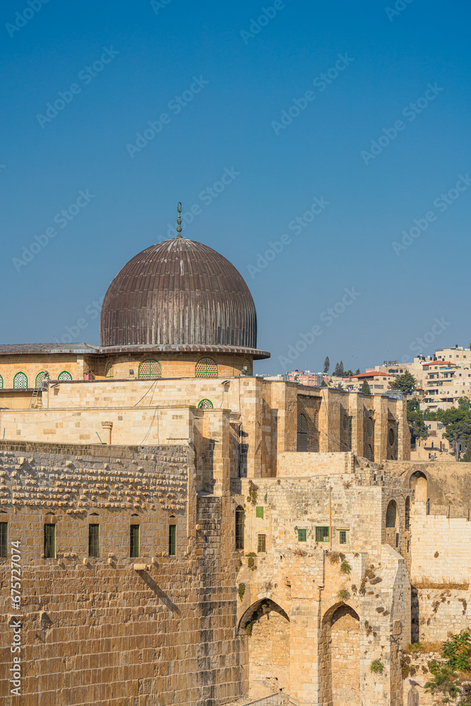 Vertical view of the historic Al-Aqsa mosque in al-haram al-Sharif, Jerusalem Old City