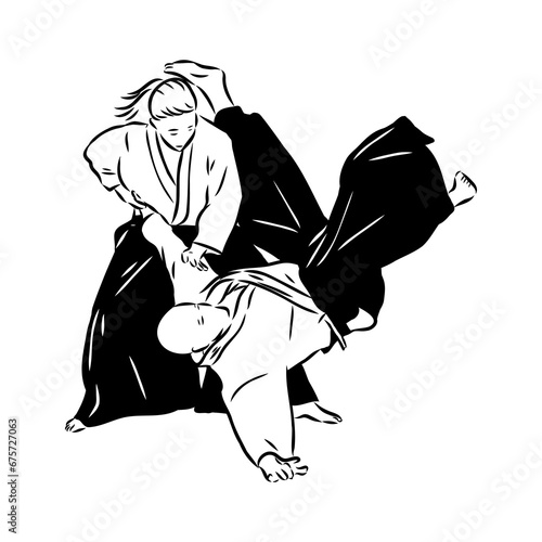 Aikido combat between athletes, stylized vector illustration